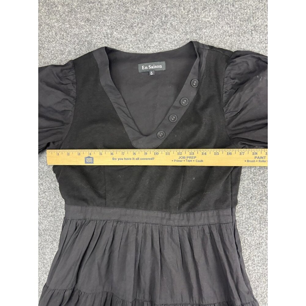 En Saison Dress Womens Medium Black Puff Sleeve‎ Tiered V-Neck Maxi Side Zip - Picture 4 of 11